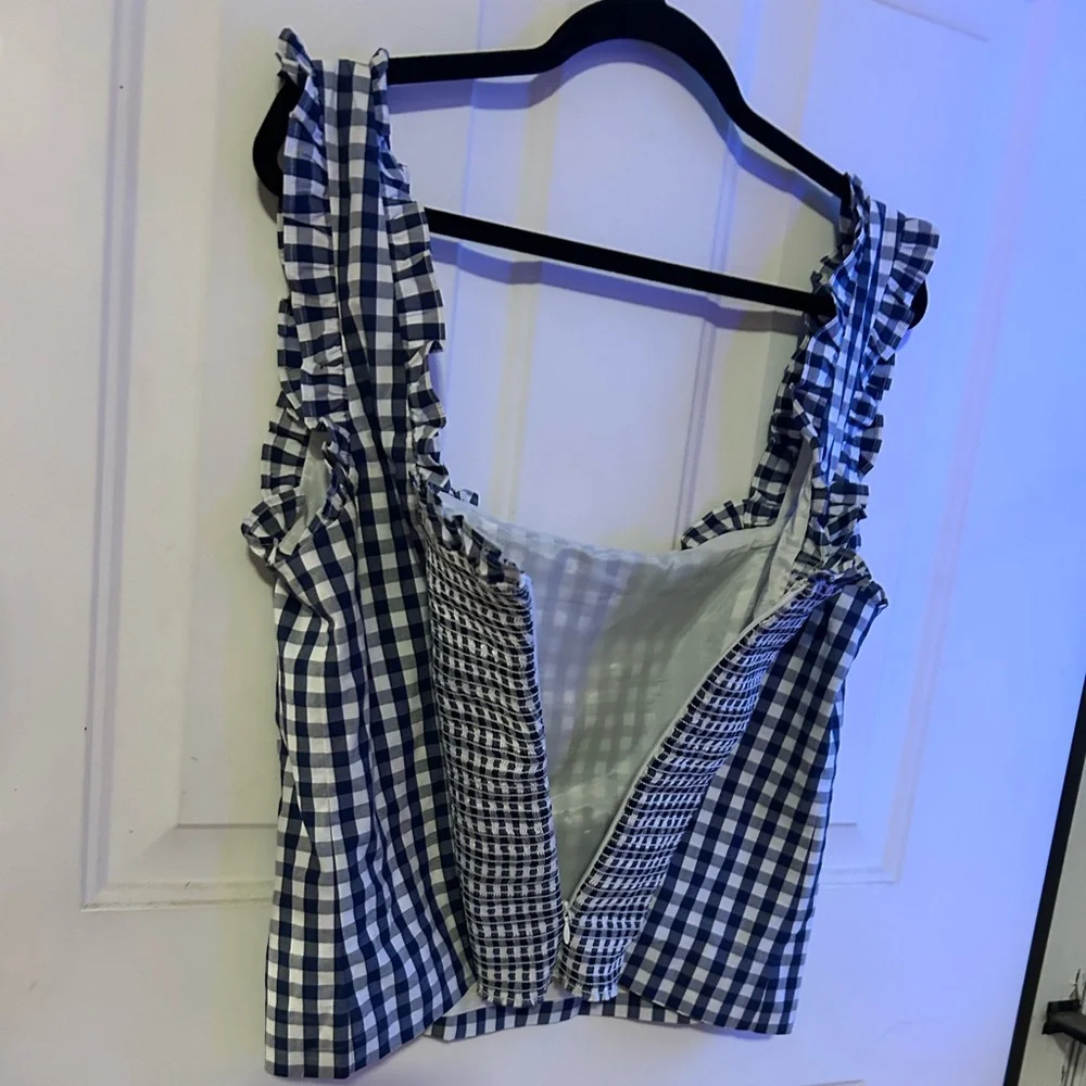 J.Crew Blue Gingham Smocked Ruffle Strap Top Size Large NWT Re-Imagined - Picture 5 of 14